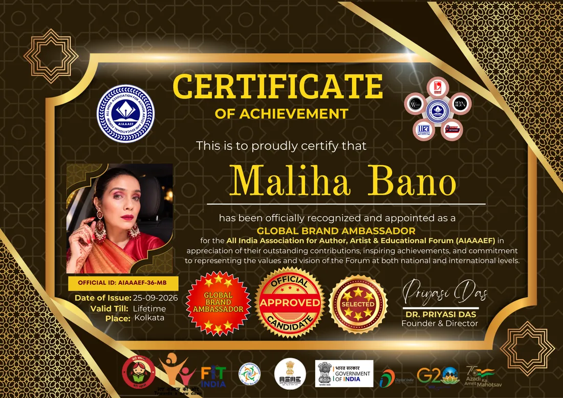 Certificate of Achievement appointing Maliha Bano as Global Brand Ambassador of AIAAAEF
