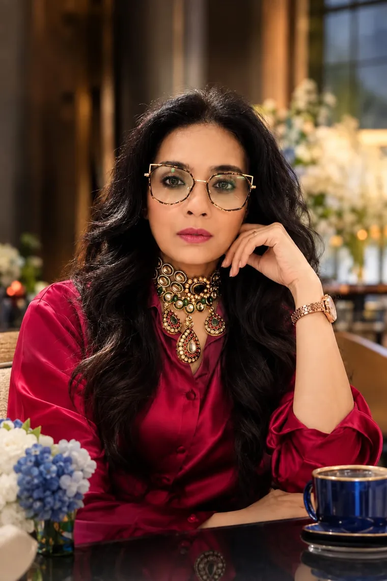 Maliha Bano in crimson satin and a kundan choker, seated at a table with a blue teacup