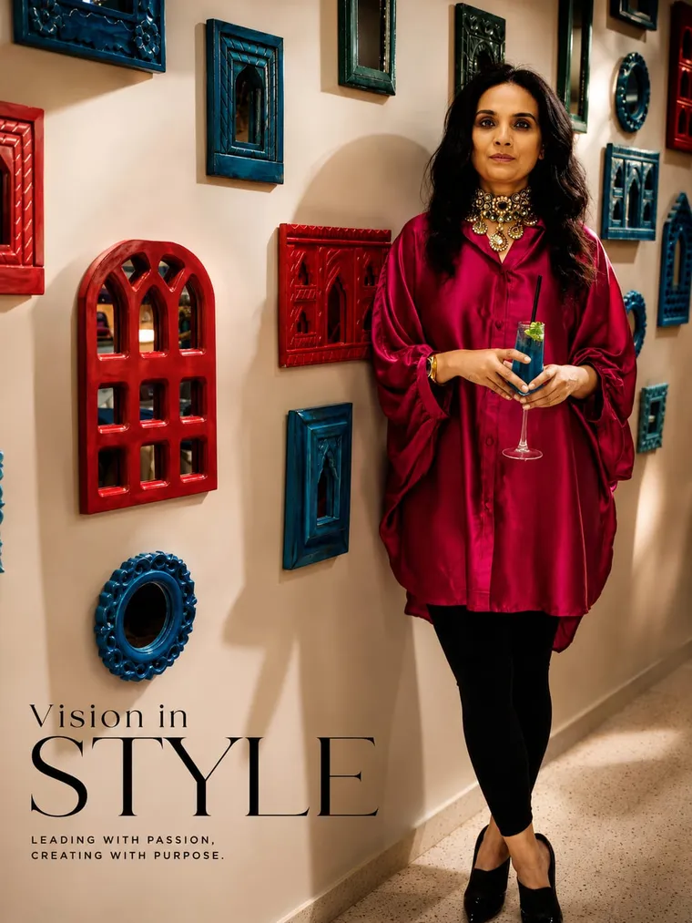 Editorial portrait of Maliha Bano in crimson satin against a wall of carved mirrors, titled Vision in Style